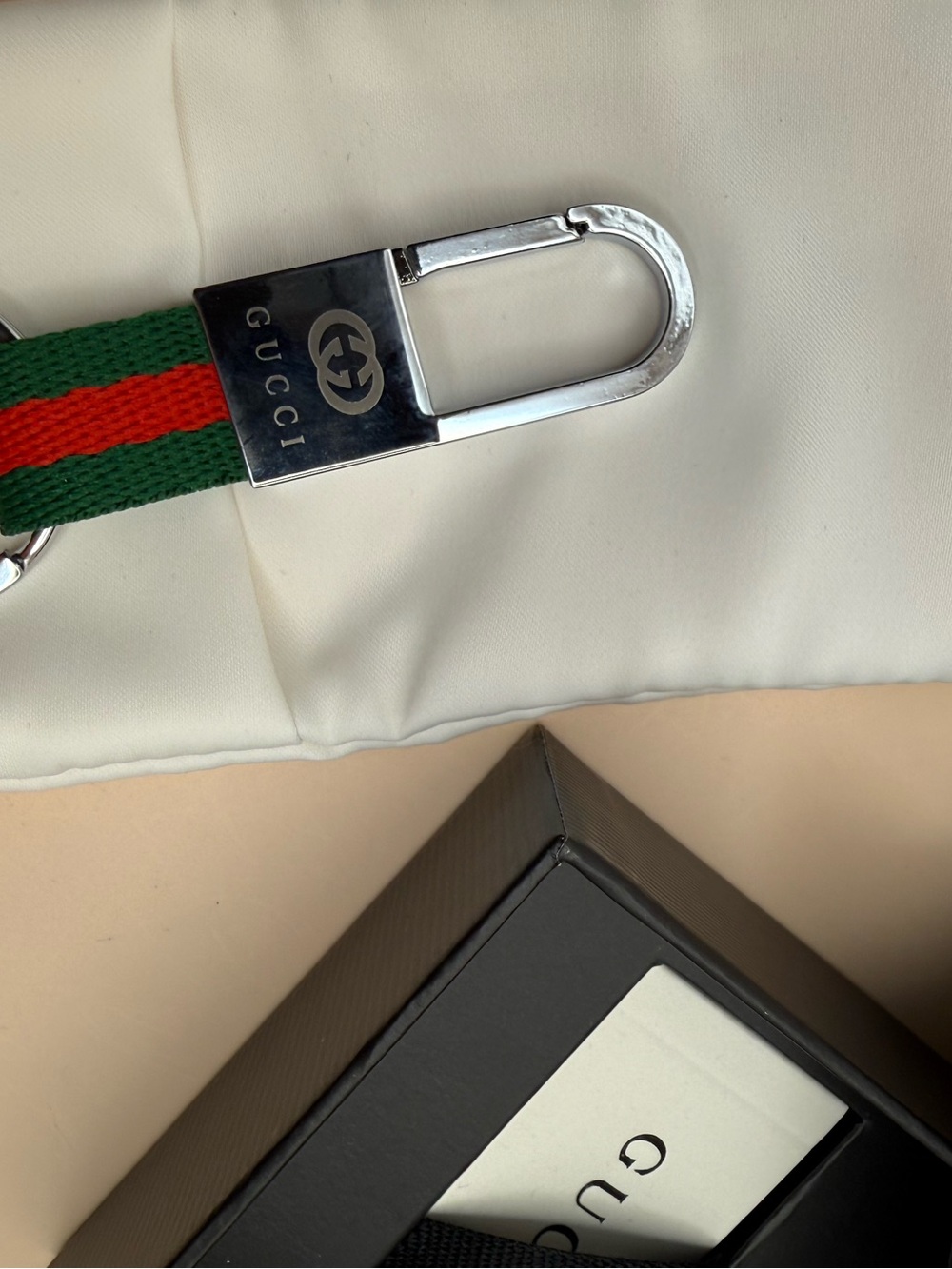 Gucci Green and Red Web Stripe Key Ring with Silver Tone Hardware